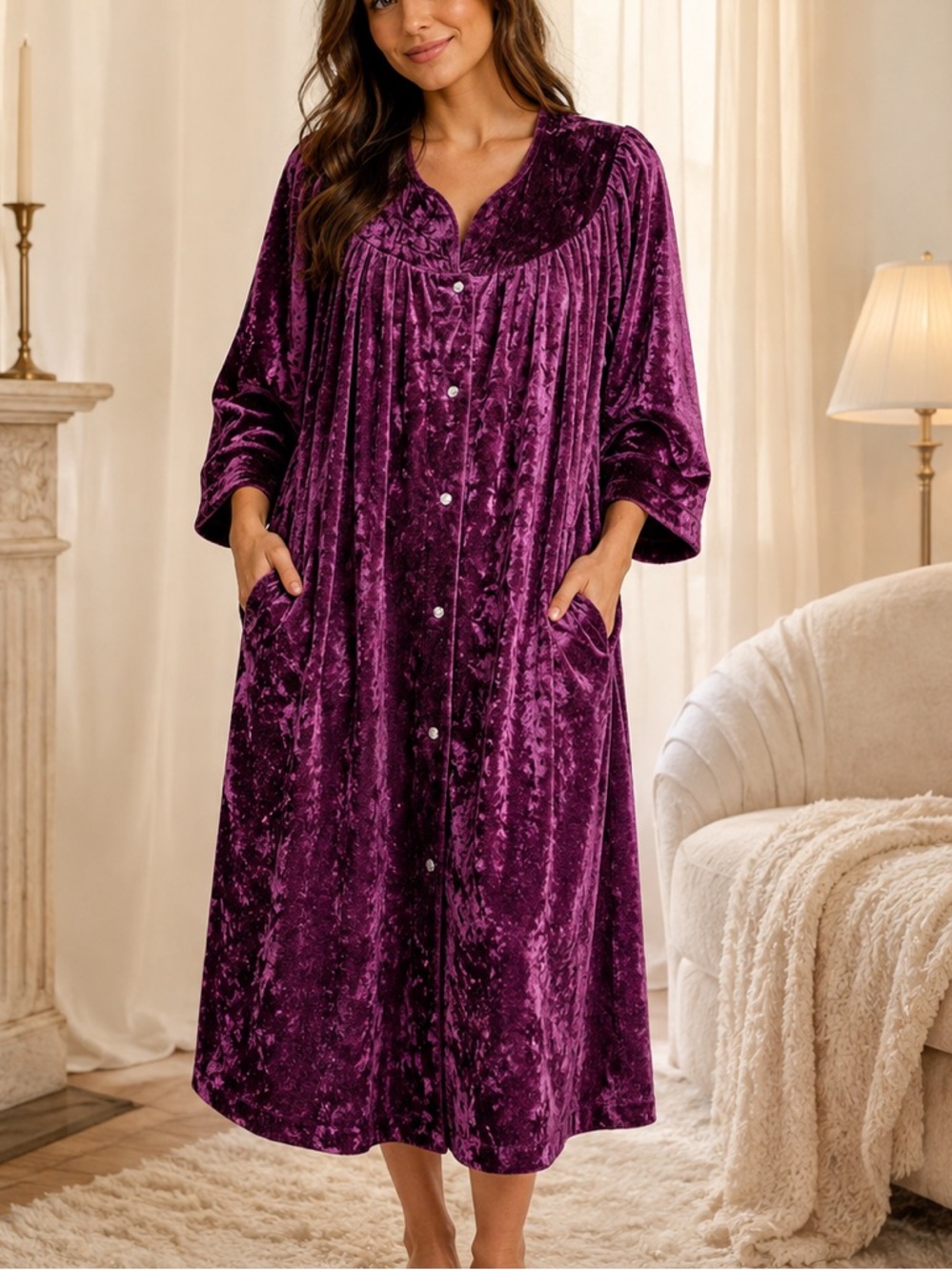 Moonbeams PURPLEE Robe House Coat crushed velvet snap front Size XXL.